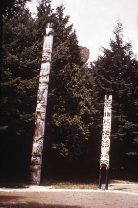 Two totem poles carved by Mungo Martin in Totem Park at UBC