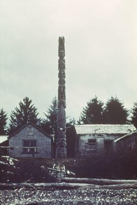 Totem pole between two wooden buildings