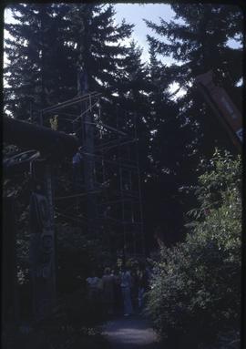 A scaffolding surrounds a totem pole