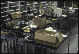 Museum of Anthropology items laid out on tables and on shelves