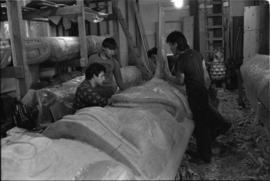 Crew and log at the old UBC carving shed