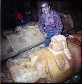 Henry Speck carving house posts for Bighouse in Alert Bay