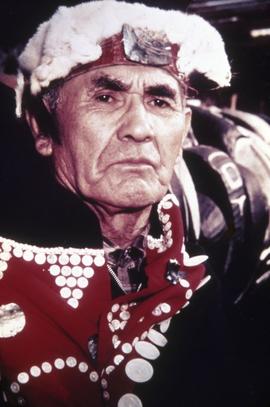 Mungo Martin in headdress and button blanket