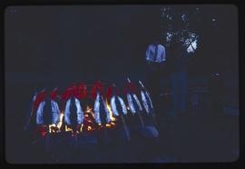 People watch salmon cook over a fire