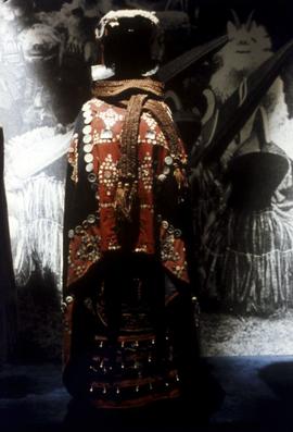 A button blanket, headdress, and other regalia on display in Montréal