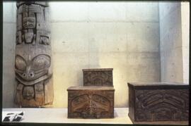 House post and bentwood boxes in the Museum of Anthropology