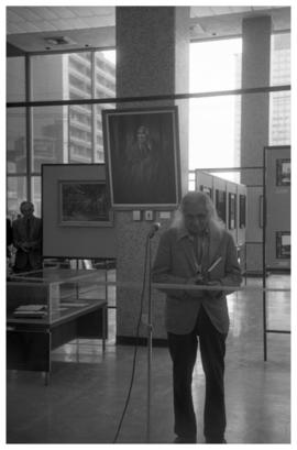 Chief Dan George, Centennial opening of display, Vancouver Public Library with painting of Dan Ge...