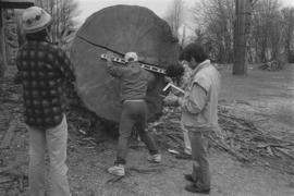 [Measuring and marking base of canoe log]