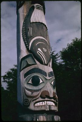 Closeup of pole at Totem Bite [Bight] Park, Ketchikan, Alaska