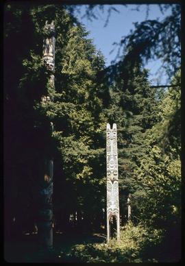 Totem Park, UBC, Vancouver, Kwakiutl (#2 + 5 carved by Mungo Martin), Alert Bay sea lion pole #2,...