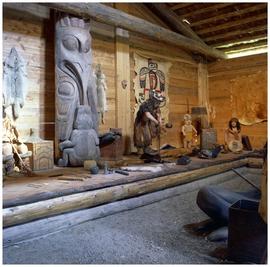 Interior of [Ksan] village long house, Haselton, BC