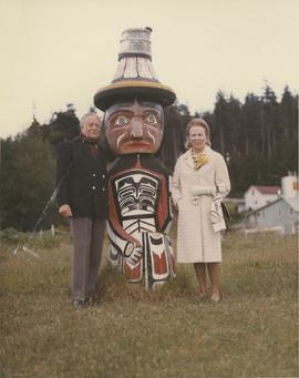Governor and Mrs. Michener with short totem at Alert Bay