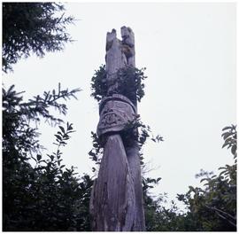 Top section of the only standing totem left at Uchucklesaht, Vancouver Island